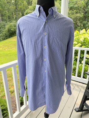 Peter Millar Blue Purple White Micro Check Cotton Shirt XL
